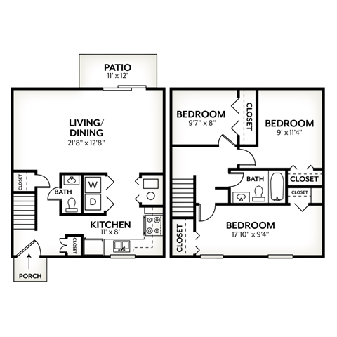 Floor plan for 3 beds, 1.5 baths, 1145 sqft